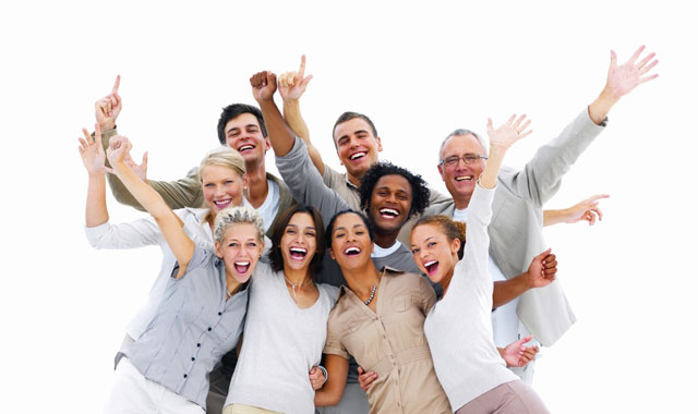 Happy business people laughing against white background